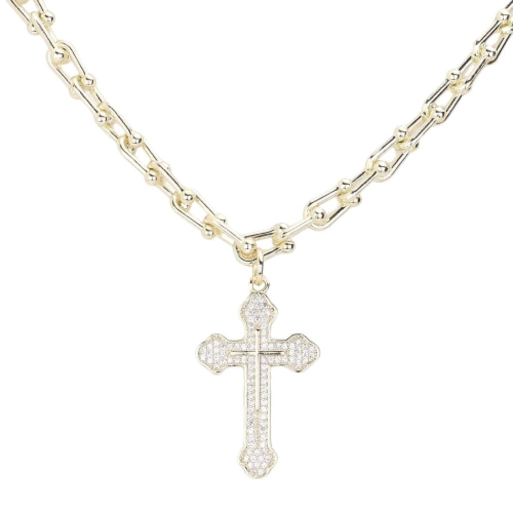CZ Stone Paved Cross Pendant Necklace